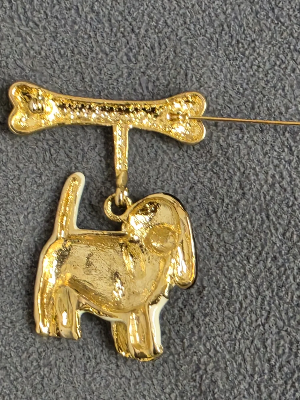 Brown White Spotted Hound Dog Bone Dangle Brooch Rhinestone Collar Pin New